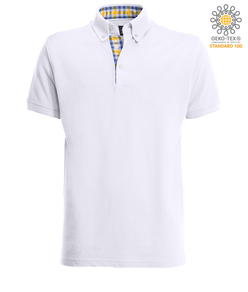 Short-sleeved polo with button-down collar. White colour, Blue 