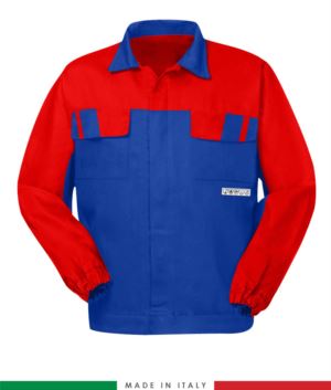 Multipro two-tone jacket, covered button closure, two chest pockets, elasticated cuffs, colour inserts on shoulders and inside collar, Made in Italy, colour royal blue/grey
