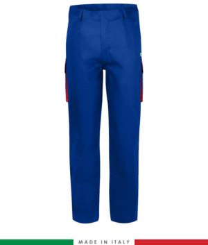 Two-tone multipro trousers, multi-pocket, coloured profile on the pockets, Made in Italy, certified EN 11611, EN 1149-5, EN 13034, CEI EN 61482-1-2:2008, EN 11612:2009, color royal blue and red