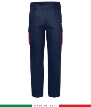 Two-tone multipro trousers, multi-pocket, coloured profile on the pockets, Made in Italy, certified EN 11611, EN 1149-5, EN 13034, CEI EN 61482-1-2:2008, EN 11612:2009, color navy blue and red