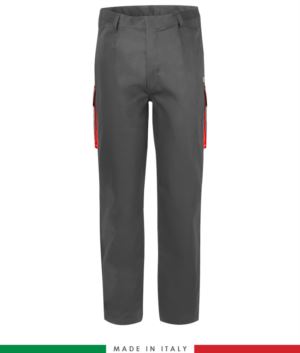 Two-tone multipro trousers, multi-pocket, coloured profile on the pockets, Made in Italy, certified EN 11611, EN 1149-5, EN 13034, CEI EN 61482-1-2:2008, EN 11612:2009, color grey and red 