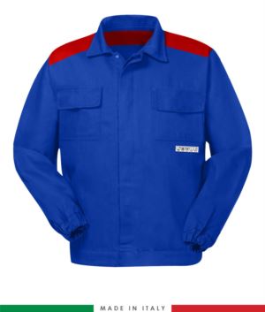 Two-tone multipro jacket, covered button closure, two chest pockets, elasticated cuffs, colour inserts on shoulders and inside collar, Made in Italy, colour roayl blue/ red