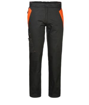 Two-tone multi-pocket work trousers with double pocket on the right leg, colour black/orange