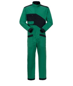 Two-tone overalls, zip fastening and Korean collar, chest pocket and leg pockets, color green and black