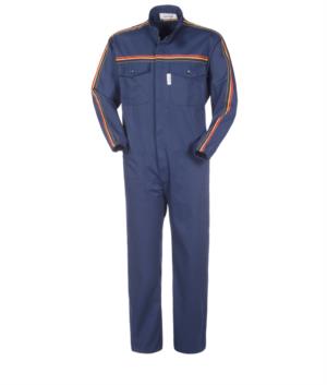 Overalls, Korean collar, elasticated wrists and color stripe on sleeves and chest. Colour Navy blue