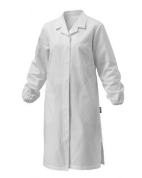Camice donna, manica lunga, chiusura bottoni, taschino applicato, due tasche laterali, polsini con elastico, colore bianco, certificato CE