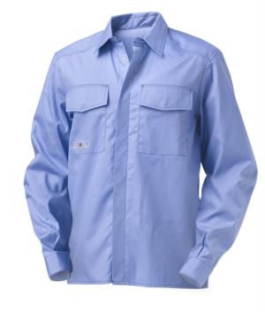Camicia a manica lunga trivalente multi pro, due taschini, cuciture in contrasto, colore azzurro, certificata EN 1149-5, EN 13034, EN 11612: 2009