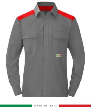 Camicia trivalente bicolore, chiusura con bottoni a pressione, due tasche sul petto, inserti colorati su spalle e interno collo, certificata EN 1149-5, EN 13034, UNI EN ISO 14116: 2008, colore grigio/rosso
