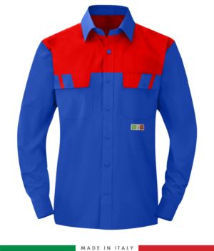 Camicia trivalente bicolore, maniche lunghe, due tasche sul petto, Made in Italy, certificata EN 1149-5, EN 13034, EN 14116: 2008, colore azzurro royal/rosso