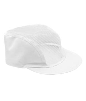 Cappellino da cuoco, visiera rigida con copricapo in rete, elastico alla nuca, colore bianco