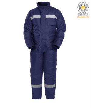 coldstore coverall, maximum protection from the cold, oversized back pockets, chest pocket, knee reinforcement, blue colour. CE certified, EN 342:2004