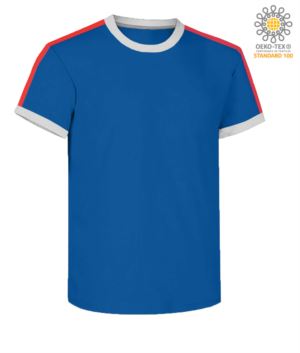 Round neck work T-shirt, collar and sleeve bottom in contrasting and stripes of color on the shoulders, color royal blue 