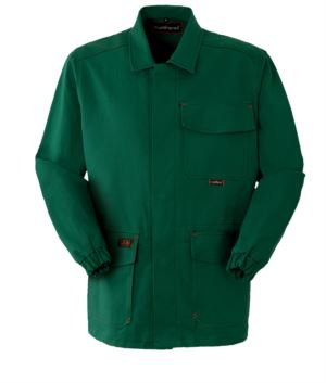 Fireproof jacket, covered button closure, closed collar, two pockets and a pocket, green color. CE certified, EN 11611, EN 11612:2009