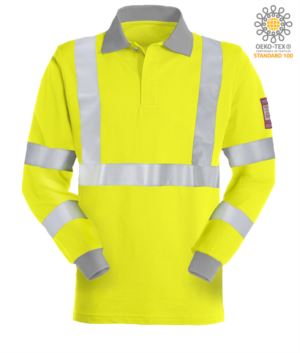 Long sleeve polo shirt, high visibility antistatic flame retardant, concealed button closure, reflective band on chest and two sleeves, two-tone, certified EN 20471, EN 1149-5, CEI EN 61482-1-2:2008, EN 11612:2009, colour yellow 