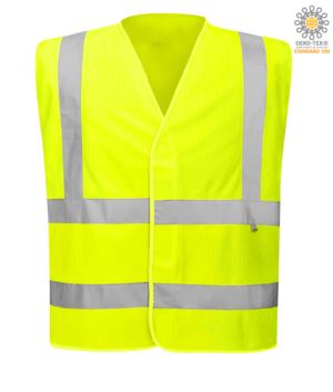 High visibility antistatic fireproof vest, closed with velcro, double reflective band on the waist, certified UNI EN 20471:2013, EN 1149-5, UNI EN ISO 14116:2008, color yellow