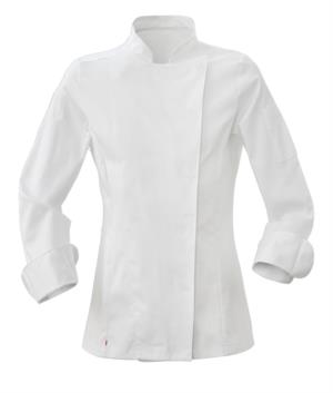 Giacca cuoco donna, chiusura con bottoni automatici, vestibilità slim fit, colore bianco