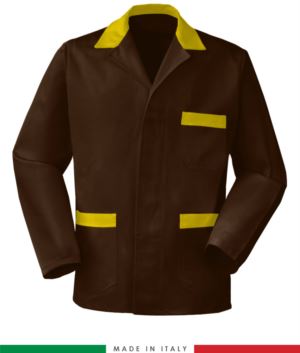 giacca da lavoro marrone con inserti gialli made in Italy, 100% cotone Massaua e due tasche