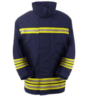 Giaccone antincendio, tasca porta radio, zip frontale, polsini in maglia, colletto adattabile al casco, colore blu navy. Certificato EN 469