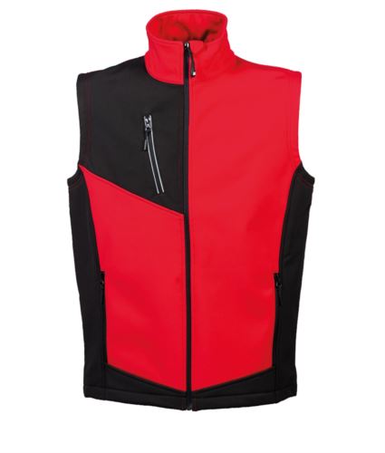 Gilet uomo in softshell a tre strati impermeabile (8000 mm/H2O) e traspirante (1000 g/M2/24h). Parte interna in pile antipilling e coulisse sul fondo. Due tasche esterne con zip. Una tasca sul petto con zip nastrata rinfrangente su tessuto nero. Nastro di rinforzo interno al collo. Stampa rifrangente posteriore sul fianco. Tessuto a protezione del mento.