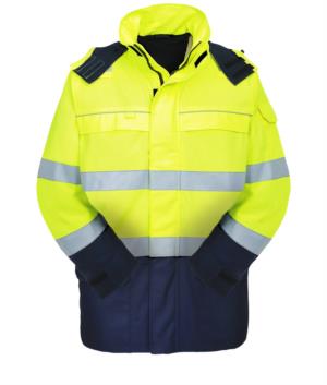 Multipro high visibility jacket, two-tone, concealed hood, two chest pockets and two waist pockets, double band on waist and sleeves, yellow/blue, certified EN 343:2008, UNI EN 20471:2013, EN 11611, EN 1149-5, EN 13034, CEI EN 61482-1-2:2008, EN 11612:2009