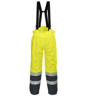 Antistatic, high visibility fireproof trousers, adjustable shoulder straps with buckle, double band on the bottom of the leg, two-tone, certified EN 343:2008, UNI EN 20471:2013, EN 1149-5, EN 13034, UNI EN ISO 14116:2008, colour yellow/blue 