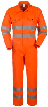 Shirt collar, two breast pockets, double reflective band on sleeves, waist and bottom sleeve, orange color, certified EN 20471.