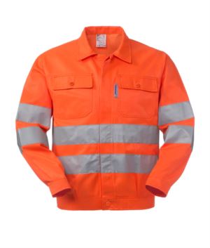 High visibility jacket with shirt collar, chest pockets, double band at the waist and sleeves, certified EN 20471, color orange 