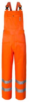 High visibility bibs, double band on the bottom of the leg, pocket on the bib, adjustable shoulder straps, EN 20471 certified, colour orange 