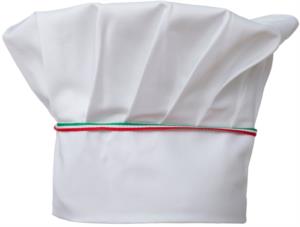 Chef hat, double band of fabric with upper part inserted and sewn in pleats, color white tricolor