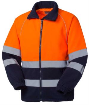 High visibility fleece with double reflective band to the waist, closure with veltre, certified EN 20471. Colour orange/blue