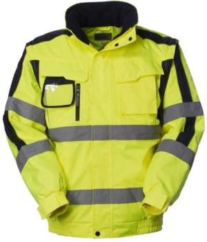 High visibility Pilot jacket with detachable sleeves, badge holder, concealed hood, double band on sleeves and waist, certified EN 343, EN 20471. Colour yellow