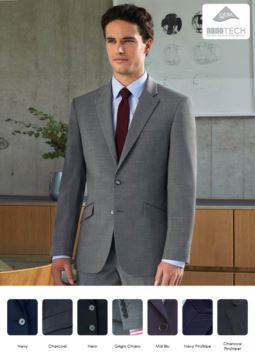 Tailor-made jacket in stain-resistant polyester fabric and wool. Ideal for uniforms of porter, hotel, receptionist. Wholesale only. Get a free quote.
