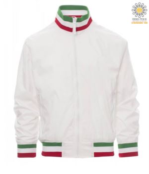 Unpadded jacket in nylon with drytech fabric; collar, cuffs and waist in rib with flag colours. Colour white with Italy flag