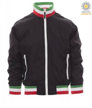 Unpadded jacket in nylon with drytech fabric; collar, cuffs and waist in rib with flag colours. Colour Black with Italy flag