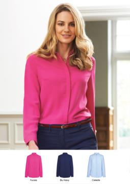 Elegant shirt 100% polyester with covered buttons.  Ideal for receptionists, hostesses, hoteliers. Request a free quote
