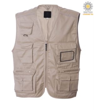 summer work vest with beige badge holder with nine pockets and reflective piping
