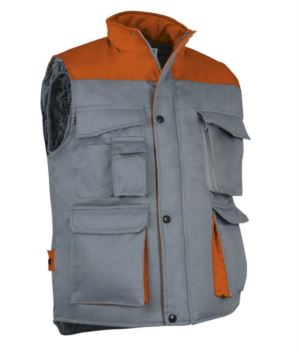 Polyester and cotton multi-pocket work vest, polyester padding. grey / orange colour