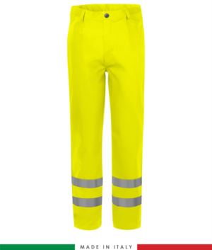 Multipro trousers, welt pockets and two back pockets, double band at hem, Made in Italy, certified EN 20471, EN 11611, EN 1149-5, EN 13034, CEI EN 61482-1-2:2008, EN 11612:2009, colour yellow 