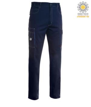 Pantalone da lavoro multitasche, multi stagione, bicolore. Colore Nero Blu Navy/Blu Royal