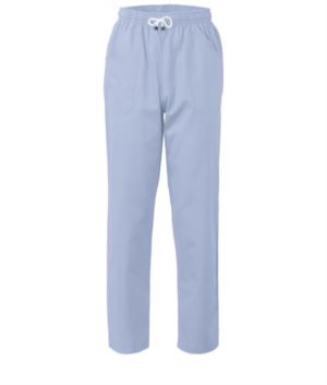 Pantaloni da lavoro sanitario con chiusura con laccetti in tessuto, colore celeste