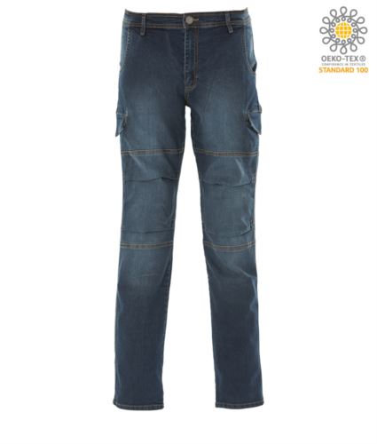 Pantalone da lavoro in jeans elasticizzato multitasche, colore blu