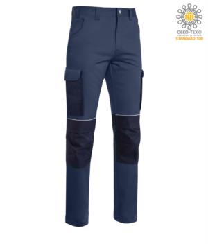 Pantaloni stretch multitasche da lavoro con tessuto indura; profili rifrangenti sotto la cintura e alle ginocchia. Colore: Blu
