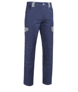 Pantaloni da lavoro multitasche bicolore in cotone irrestringibile, dettagli e cuciture a contrasto. Colore Blu e grigio