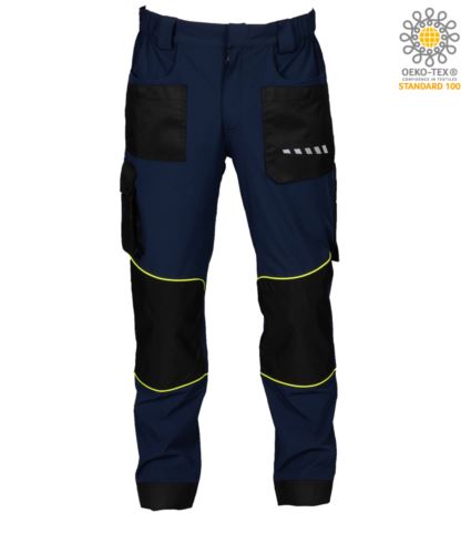 Pantaloni multitasche elasticizzato, con tessuto antistrappo, piping fluo rifrangente sulle gambe