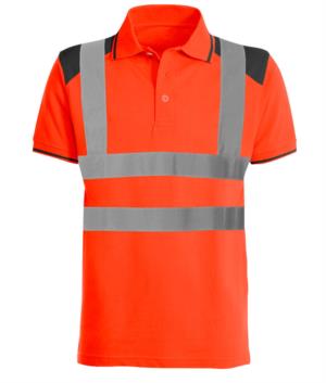 Polo bicolore alta visibilità con bande riflettenti, dettagli in contrasto su spalle, colletto e fondo manica. Certificata EN 20471. Colore arancione
