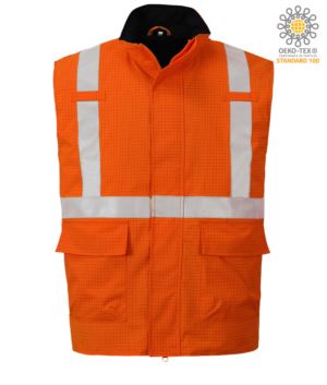 Multifunction vest, waterproof fabric, chemical protection, antistatic, reflective band, orange color. CE certified, EN 1149-5, AS/NZS 4602.1 N/D, UNI EN 20471:2013, EN 13034, UNI EN ISO 14116:2008