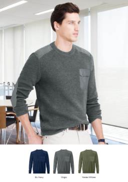 Men crew neck sweater, coarse knit fabric, shoulder and elbow patches, flap pocket, 100% acrylic fabric