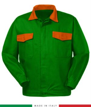 Two tone work jacket, Made in Italy. Two chest pockets. Possibility of customization. Color brignht green/orange