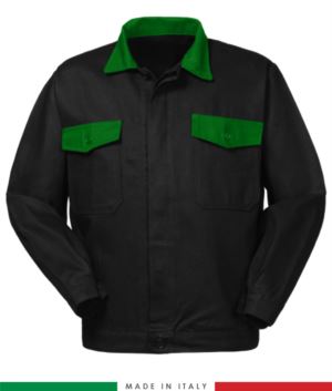 Two tone work jacket, Made in Italy. Two chest pockets. Possibility of customization. Color black/ bright green