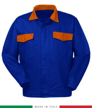 Two tone work jacket, Made in Italy. Two chest pockets. Possibility of customization. Color royal blue/ orange